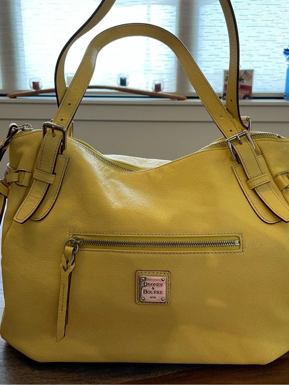 Dooney & Bourke Yellow Leather Satchel with Front Zip Pocket
